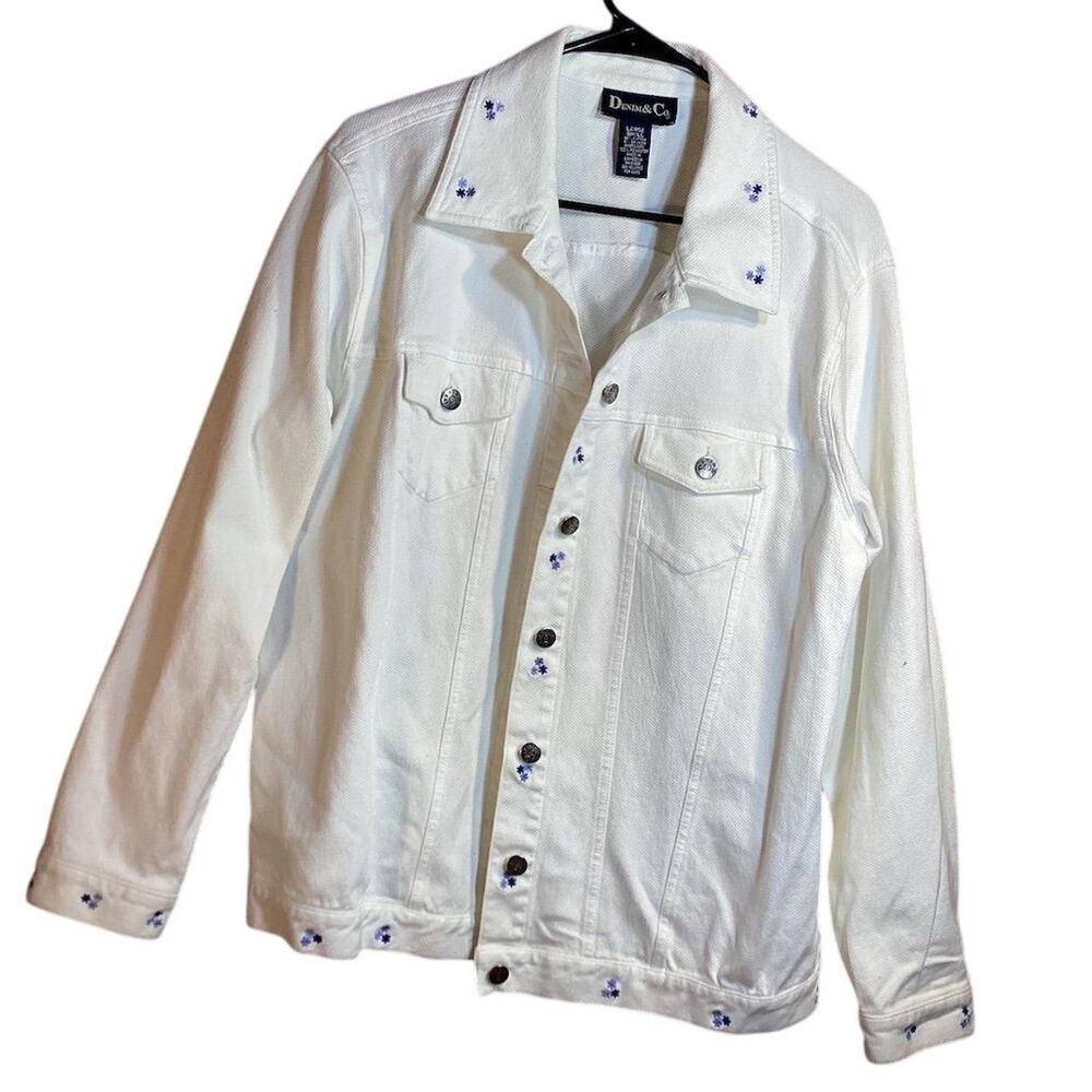 Denim &‎ Co Women's Ivory Floral Embroidered Denim Jacket Size L